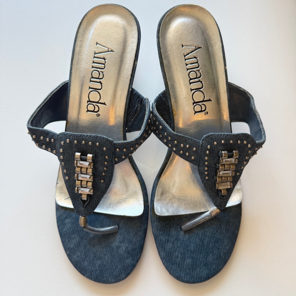 Amanda Clam Digger Blue Denim Studded Rhinestone Chrome Wedge Sandals Womens 6M